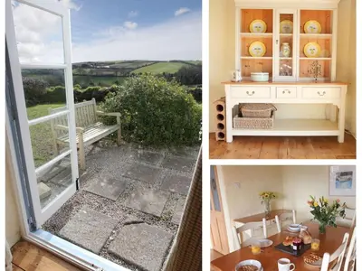 a collage of three pictures of a room with a window at Rose Cottage in Helston