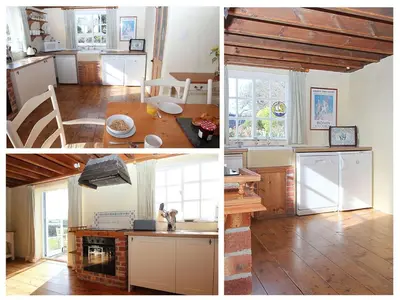 a collage of three pictures of a kitchen at Rose Cottage in Helston
