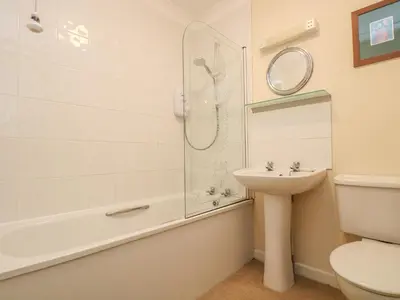 a bathroom with a shower and a sink and a toilet at Cuckoo's Cottage in Falmouth