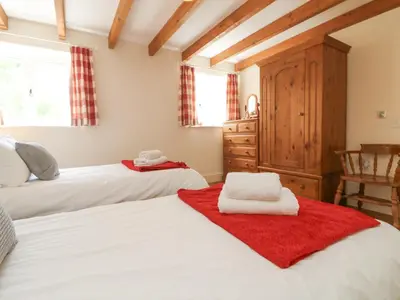 a bedroom with two beds and a red rug at Roosters in Lostwithiel