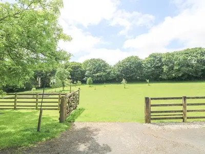 a fence in a field next to a field with trees at Roosters in Lostwithiel