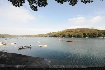 a bunch of boats on a lake with a hill at Byre in Lostwithiel