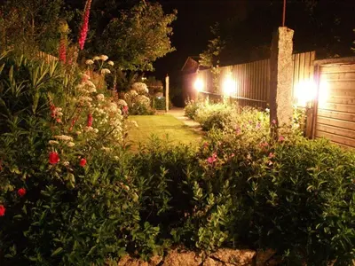 a garden at night with flowers and lights at Halvosso in Penryn