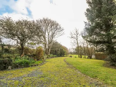 a path through a garden with trees and grass at Higher Lampra in Helston