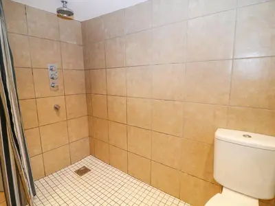 a bathroom with a shower with a toilet at Blue Anchor in Saint Enoder