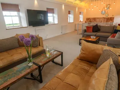 a living room with couches and a tv at Silvermine House in St Austell