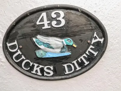 a sign with a duck on it on a wall at Ducks Ditty in Liskeard