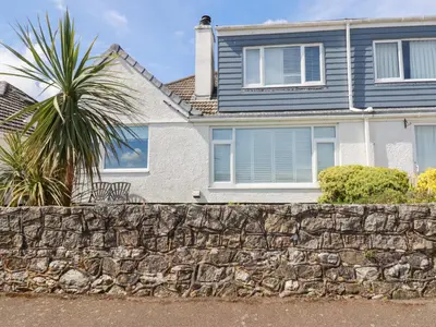 a house with a stone wall and a palm tree at Bayview in St Austell