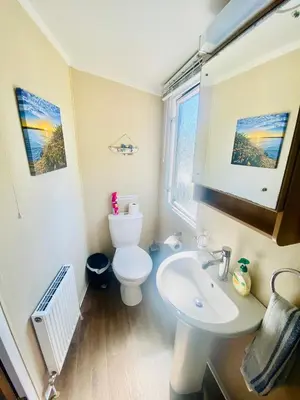 a bathroom with a white toilet and a sink at B47 Caravan Seven Bays in Padstow