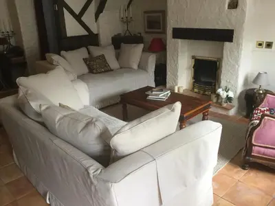 a living room with a white couch and a fireplace at Jasmine Cottage in Lerryn