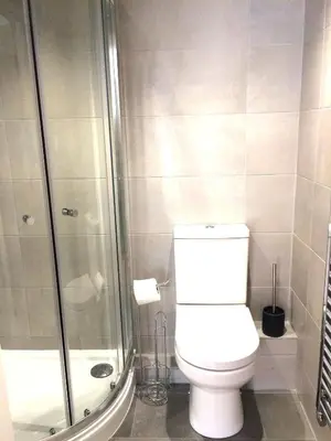 a bathroom with a toilet and a shower at Ocean View in Perranporth
