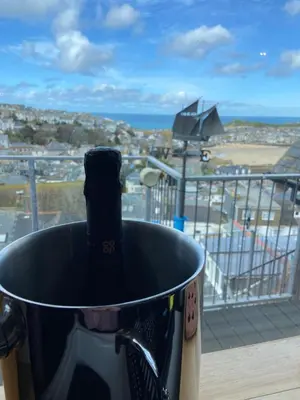 a bottle of wine in a pot on a balcony at THE PENTHOUSE Top Floor Apartment with Bay Views, Large Balcony & Onsite Parking in St Ives