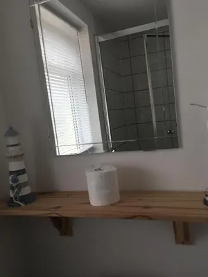 a bathroom counter with a mirror and a roll of toilet paper at Great Western Maisonette in Newquay