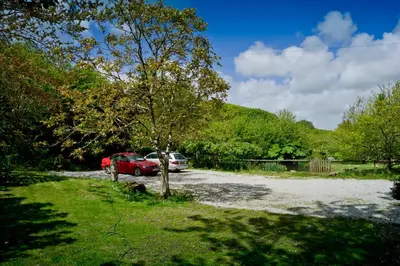 a car parked in a parking lot next to a tree at Glamping 1970 American Airstream motorhome in Ponsanooth