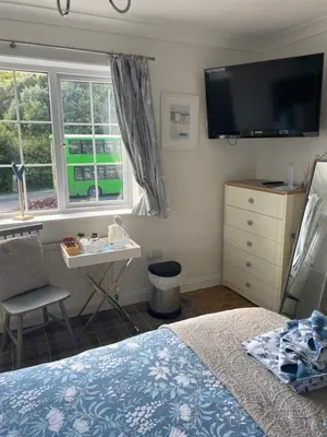 a bedroom with a bed and a desk and a television at Downsfield Bed and Breakfast in St Ives