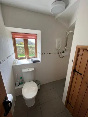 a bathroom with a white toilet and a window at The Corn Store in Porthtowan