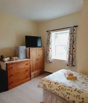 a bedroom with a bed and a television and a window at Sycamore Farm in Launceston