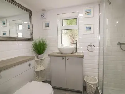 a bathroom with a sink and a toilet and a shower at Little Prickle in Newquay