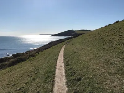 a dirt road on a hill next to the ocean at Starfish Cottage- private beach access- dog friendly in Charlestown