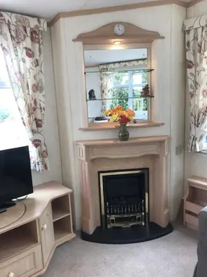 a living room with a fireplace and a mirror at Countryside views from a luxury mobile home near Perranporth in Perranporth
