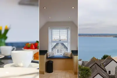a collage of three pictures of a kitchen and a window at Trevail Penthouse in St Ives