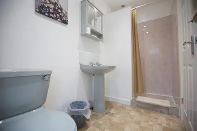 a bathroom with a toilet and a sink and a shower at Waterfall Cottage in Launceston