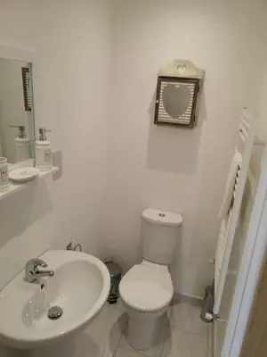 a white bathroom with a toilet and a sink at Uplands B and B in St Ives