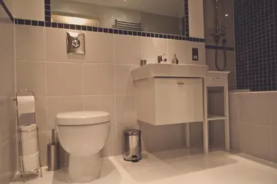 a bathroom with a white toilet and a sink at Fowey Landing in Fowey