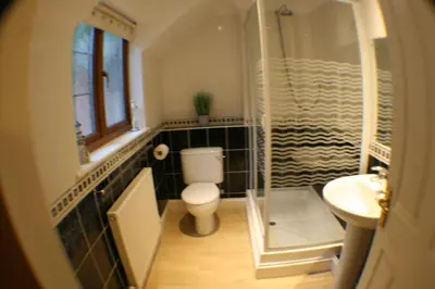 a bathroom with a toilet and a shower and a sink at Hooters Apartment EV Point in Wadebridge
