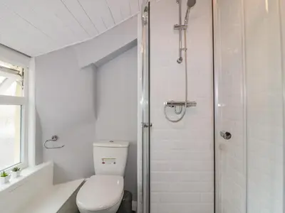 a white bathroom with a toilet and a shower at Fistral Quay in Newquay