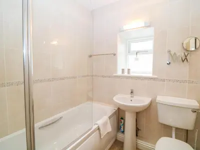 a bathroom with a sink and a toilet and a shower at Cornflower Cottage in Saint Columb Major