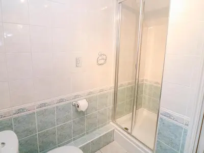 a bathroom with a shower and a toilet at Lambkin Cottage in Saint Columb Major