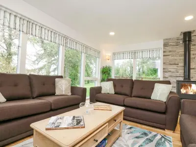 a living room with two brown couches and a fireplace at Birch in Truro