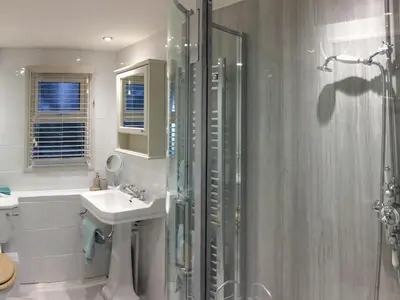 a bathroom with a shower and a sink and a toilet at Below Deck in Fowey