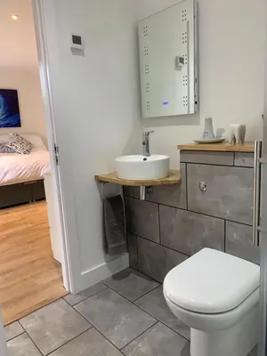 a bathroom with a toilet and a sink and a bed at Waves at The Beach House in Falmouth