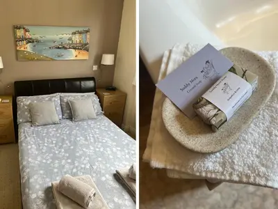 two pictures of a bedroom with a bed and a book at Palmers Lodge in Launceston