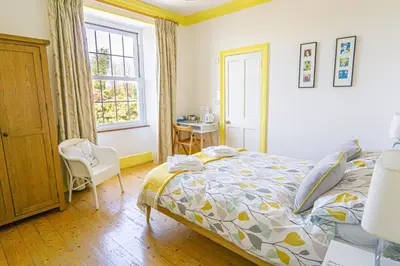 a bedroom with a bed and a desk and a window at Ivy House Cornwall B&B in St Austell