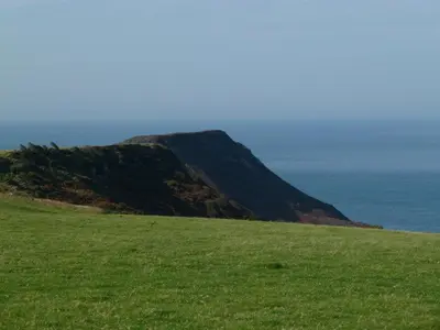 a hill with green grass and the ocean in the background at Higher Tresmorn Farm in Crackington Haven