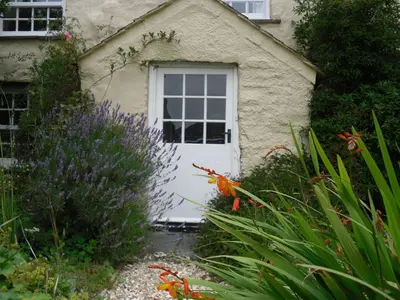 a house with a white door and some flowers at Higher Tresmorn Farm in Crackington Haven