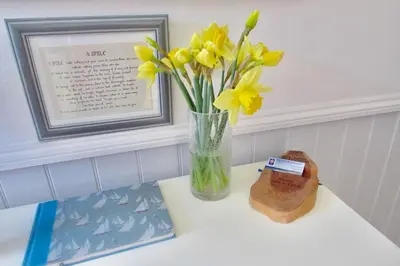 a vase of yellow flowers sitting on a table at Westward B&B in Newquay