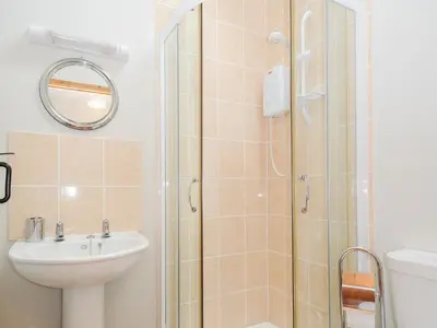 a bathroom with a shower and a sink and a toilet at Swallows Nest in Launceston