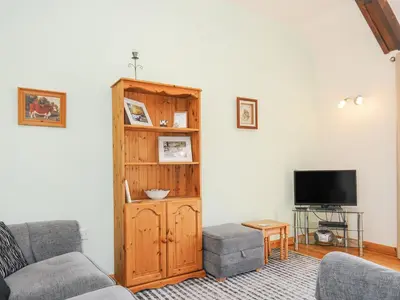 a living room with a couch and a tv at Barn Owl Cottage in Launceston