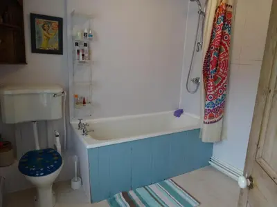 a bathroom with a bath tub and a toilet at Heatherdale in Tintagel