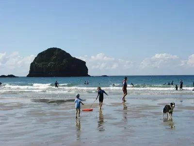 a group of people on the beach with a dog at Orchard Lodge in Boscastle