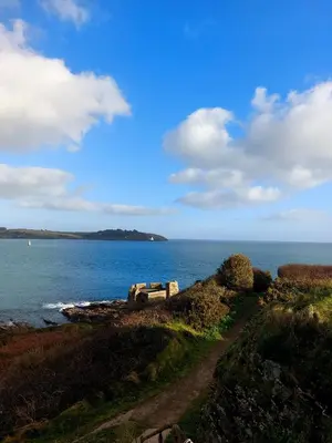 a truck parked on a hill next to the ocean at Wesley House Holidays - Choice of 2 Quirky Cottages in 4 private acres in Redruth