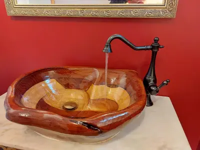 a wooden sink sitting on top of a counter at Wesley House Holidays - Choice of 2 Quirky Cottages in 4 private acres in Redruth