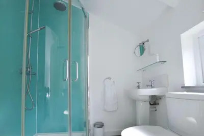a bathroom with a shower and a toilet and a sink at Scrumbles Hollow in St. Agnes