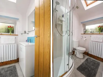 two images of a bathroom with a shower and a toilet at Glenhaven in Tintagel