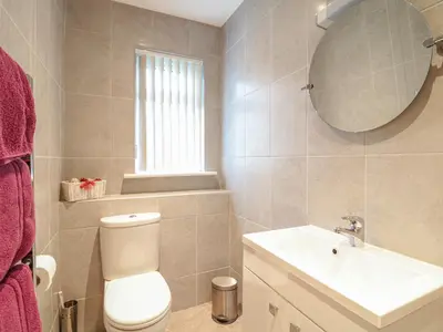 a bathroom with a toilet and a sink and a mirror at Little Lanes in Camelford