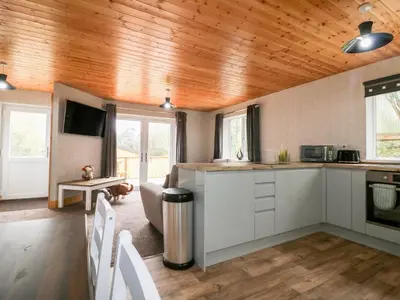 a kitchen with white cabinets and a wooden ceiling at Lodge One in Truro